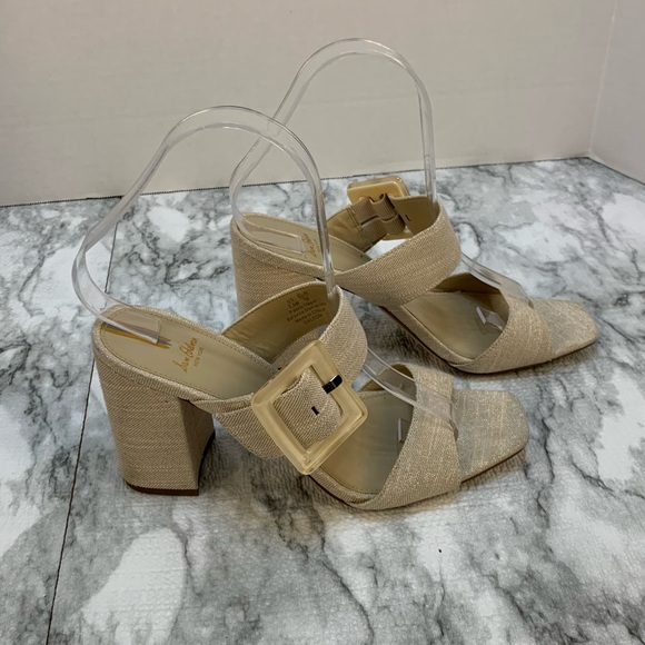 Sam Edelman New York sandal heels tan/gold tone , large buckles, very elegant.